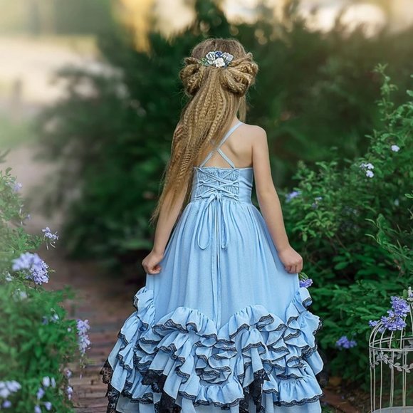 NWT Dollcake Thousand Words Frill Dress Frock Maxi Blue Flower Girl Party sz 6 - Picture 3 of 5